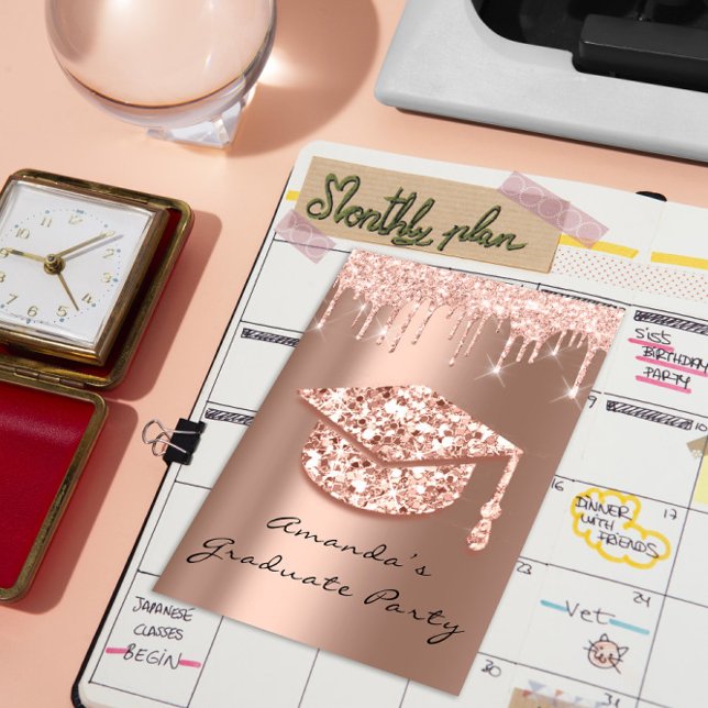 Invitación Graduado Fiesta Dris Rosa Tapa de oro Glamour 3D (Graduate Party Drips Rose Gold Cap 3D Glamy Invitation)