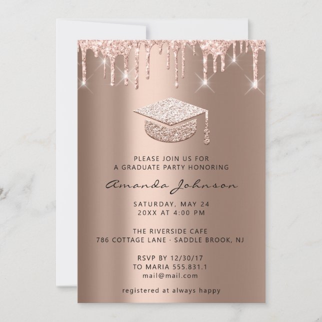 Invitación Graduado Fiesta Dris Rosa Tapón de oro (Anverso)