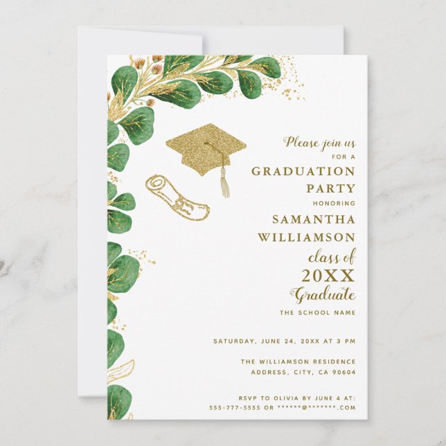 Invitación Graduado Fiesta Elegante Faux Gold Floral Graduaci (Anverso)
