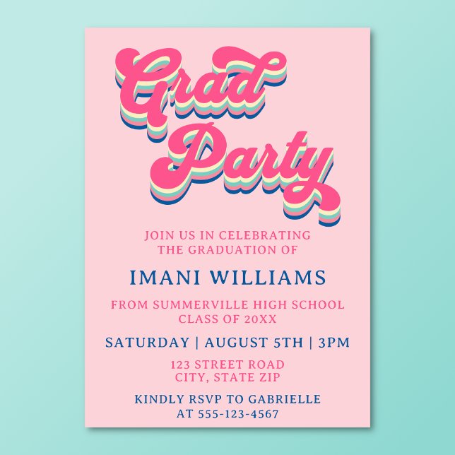 Invitación Graduado Fiesta Groovy Tipografía Retro (Retro groovy grad party invitation on a turquoise background.)