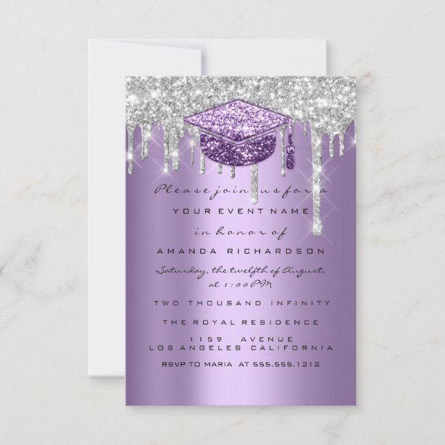Invitación Graduado Fiesta Purpurina Gris Plateado Perforacio (Anverso)
