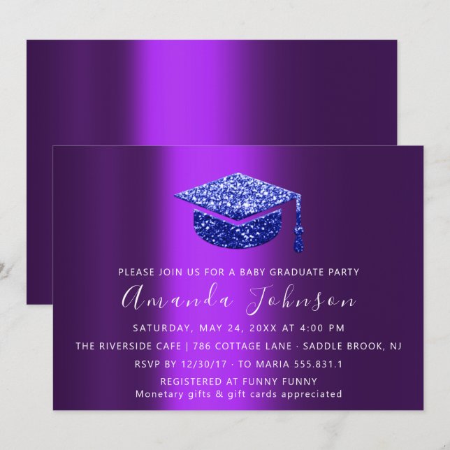 Invitación Graduado Fiesta Student Purple Blue Graduate Cap (Anverso / Reverso)