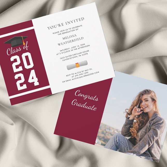 Invitación Graduado Foto Borgoña Partido de Graduación 2024 (Burgundy Graduation Photo Party Invitation)