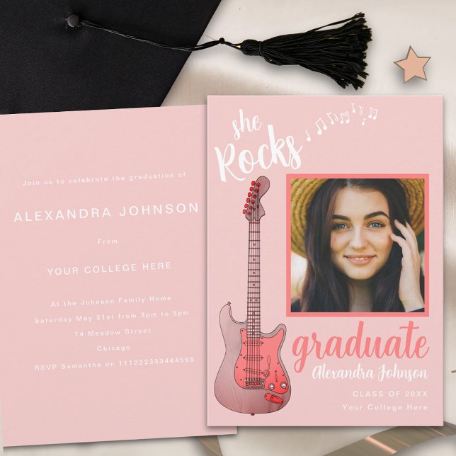 Invitación Graduado Foto: Partido de Graduación de Música de  (Pink guitar graduate photo Graduation party invitation country music guitar)