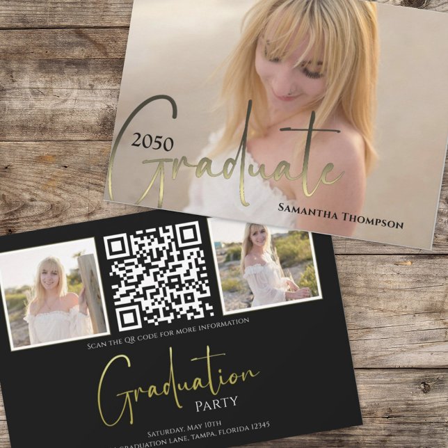 Invitación Graduado Gold Black Calligraphy Photo QR Code (Graduation photo collage graduate typography invitation announcement. )