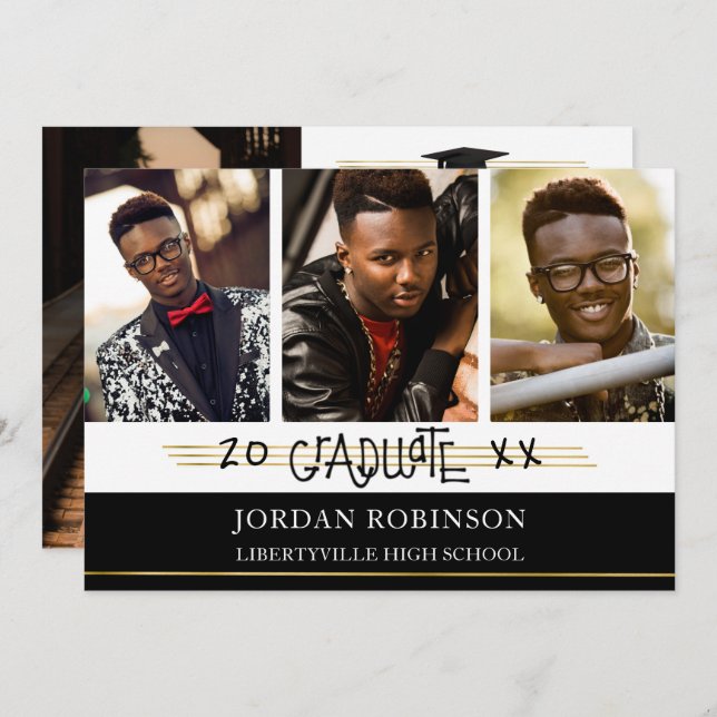 Invitación Graduado impreso a mano | Líneas negras y doradas (Anverso / Reverso)