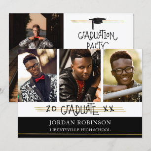 Invitación Graduado impreso a mano Líneas negras y doradas