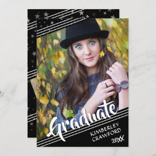 Invitación Graduado, líneas y estrellas Blanco y negro 4-Fo