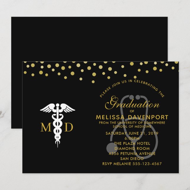Invitación Graduado Médica de Caducto Blanco y Stethoscope (Anverso / Reverso)