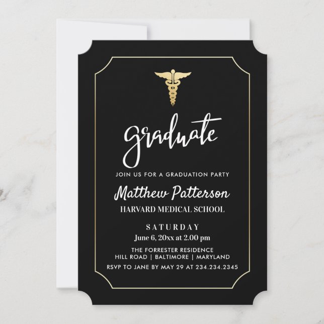 Invitación Graduado Médico Gold Caduceus Oro Negro (Anverso)