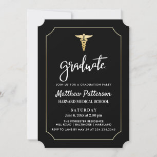 Invitación Graduado Médico Gold Caduceus Oro Negro