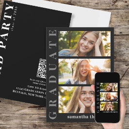 Invitación Graduado Minimalista moderno tres fotos Código QR