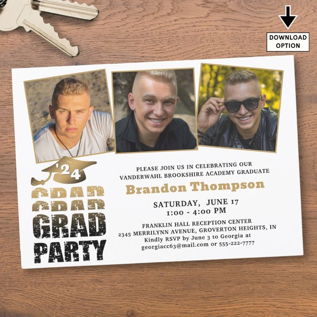 Invitación Graduado moderno 3 fotos Gradiente de oro negro (Subido por el creador)