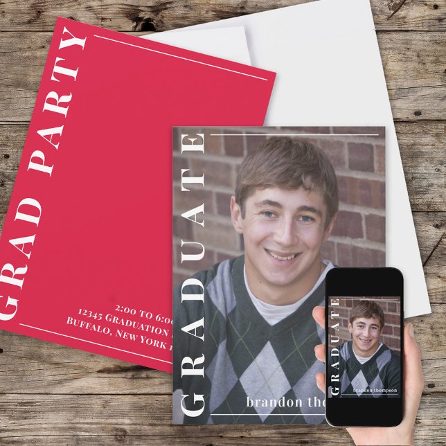 Invitación Graduado Moderno de foto simple Minimalista rojo (Subido por el creador)