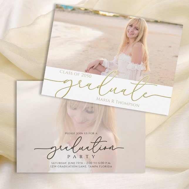 Invitación Graduado Moderno Sencillo Elegante Oro Dos Foto (Subido por el creador)