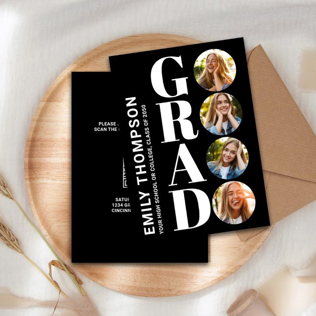 Invitación Graduado Personalizado de Collage de fotos blanco  (Graduate "GRAD" typography photo collage invitation announcement. )