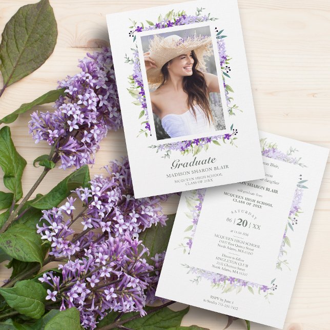 Invitación Graduado Purple Shades Flores y ramas Foto (Subido por el creador)