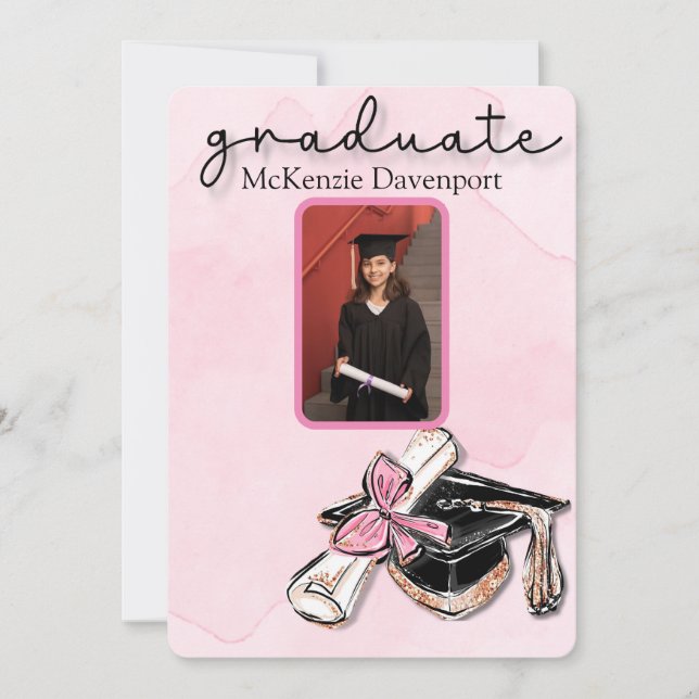 Invitación Graduado Purpurina de oro rosado Diploma Añadir fo (Anverso)