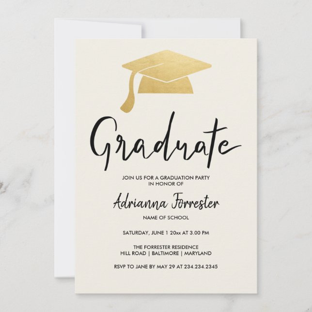 Invitación Graduado Script Faux Relieve metalizado dorado Gra (Anverso)