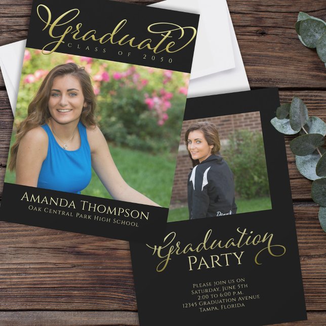 Invitación Graduado Simple Script de Caligrafía en Oro Negro (Elegant black and gold graduation photo party card with modern typography for Class of 2026! )