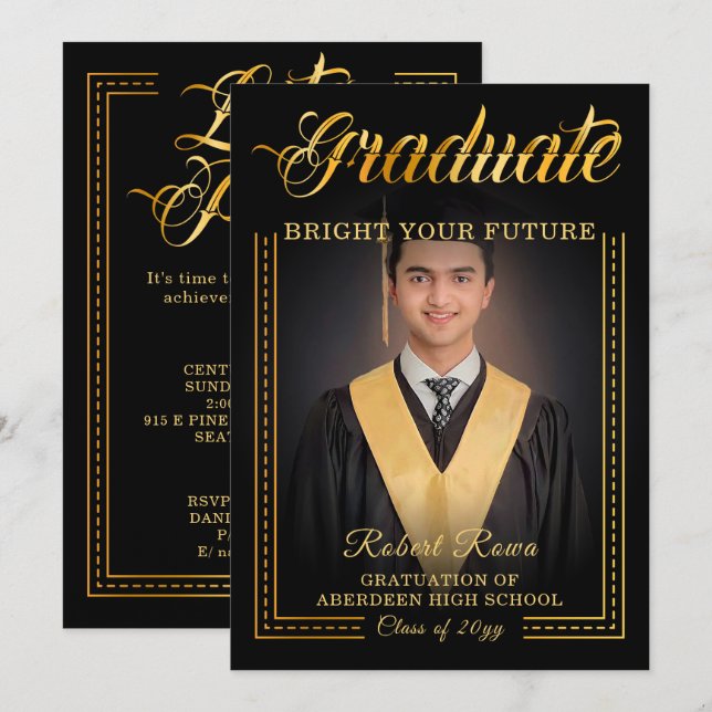 Invitación Graduado. Toque de oro Ilumina tu futuro (Anverso / Reverso)