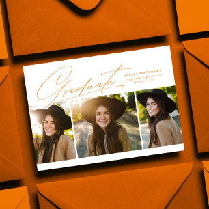 Invitación Graduado tres foto simple graduación naranja