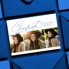 Invitación Graduado tres foto simple moderno azul graduación