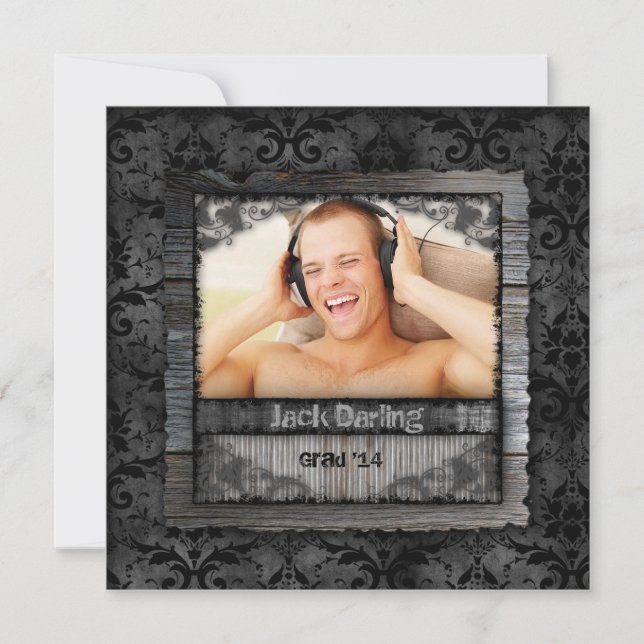 Invitación Graduado Wood Damask Vintage Photo (Anverso)