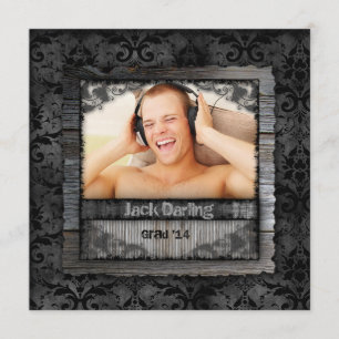 Invitación Graduado Wood Damask Vintage Photo