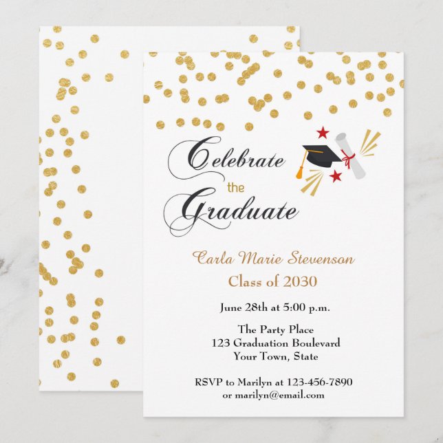 Invitación Graduate Celebration Gold Confetti (Anverso / Reverso)