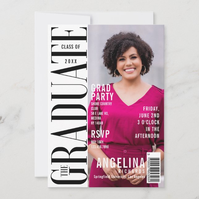 Invitación Graduate Fun Trendy Magazine Cover Grad Fiesta (Anverso)