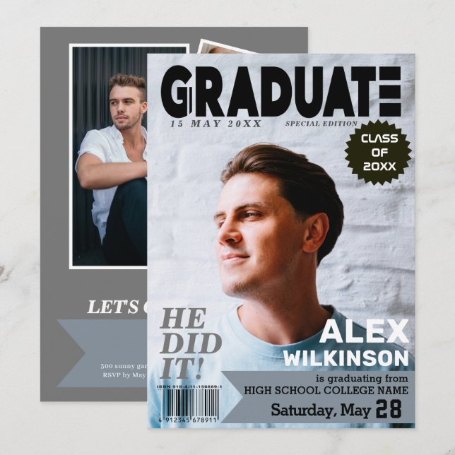 Invitación GRADUATE Magazine Cover Style Trendy 5 Photo (Anverso / Reverso)
