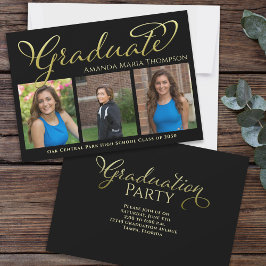 Invitación Graduate Multi Photo Black Gold Calligraphy