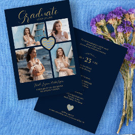 Invitación Graduate Navy Blue Trendy Heart Collage 4 Photos