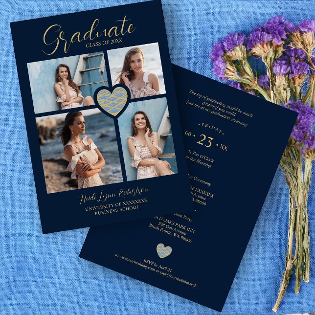 Invitación Graduate Navy Blue Trendy Heart Collage 4 Photos (Subido por el creador)