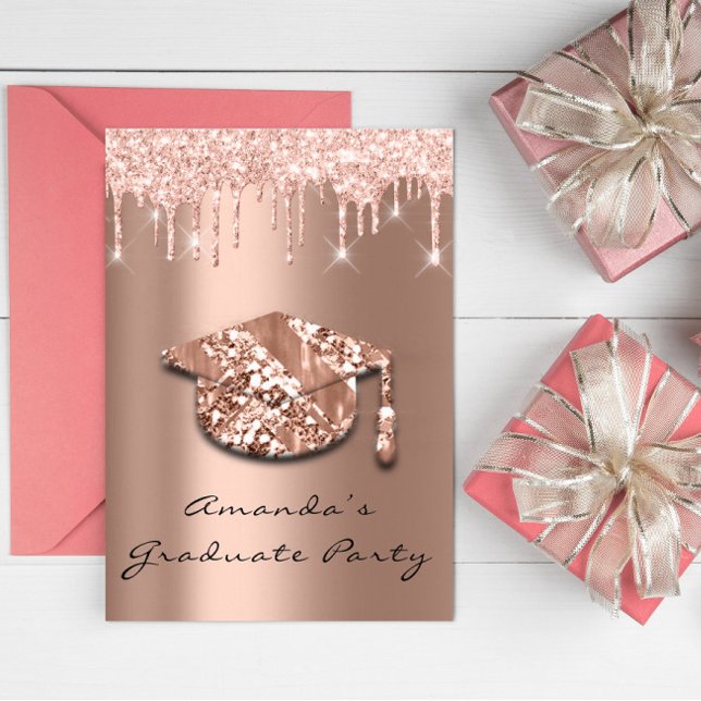 Invitación Graduate Party Drips Rose Gold Cap 3D Glam (Graduate Party Drips Rose Gold Cap 3D Glam Invitation)