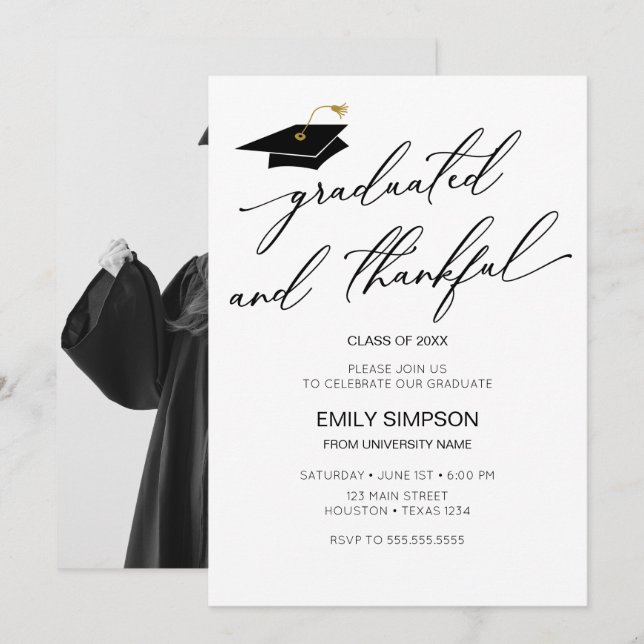 Invitación Graduated and Thankful Modern Graduation (Anverso / Reverso)