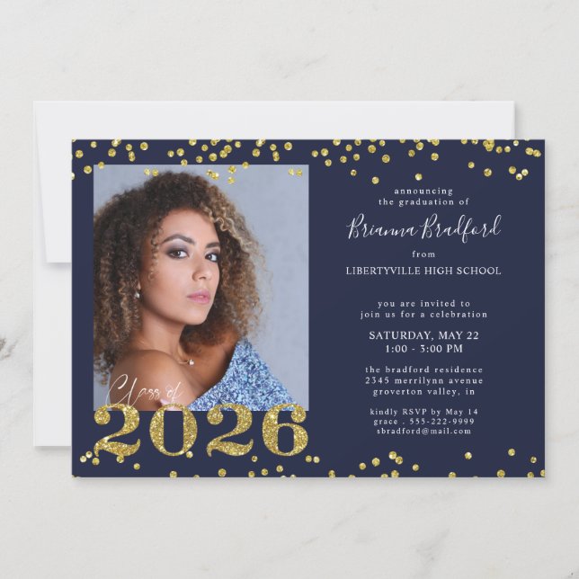 Invitación Graduation 2026 Navy Blue Gold Glitter (Anverso)