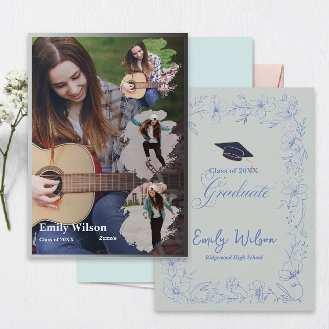 Invitación Graduation Announcement | Blue Floral Photo Design (Class of 2026 Photo Graduation Announcement | Blue Floral Design | Print or Digital )