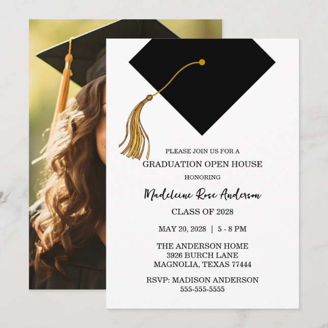 Invitación Graduation Black Cap And Tassel Photo Open House  (Anverso / Reverso)