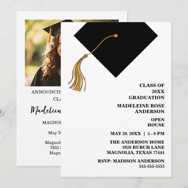 Invitación Graduation Black Cap And Tassel Photo Open House  (Anverso / Reverso)