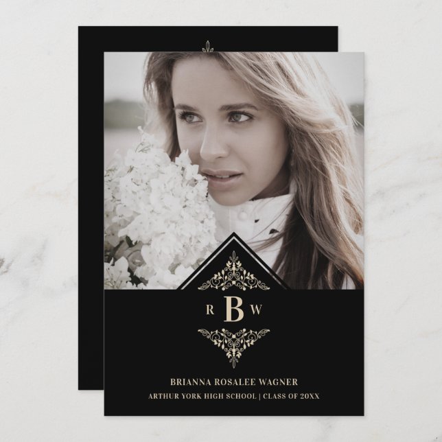 Invitación Graduation Black Golden Chic Lace Romantic Photo (Anverso / Reverso)