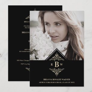 Invitación Graduation Black Golden Chic Lace Romantic Photo