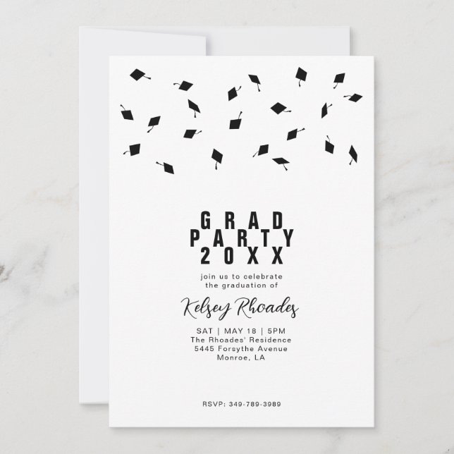 Invitación Graduation Cap Toss Black & White Grad Party (Anverso)