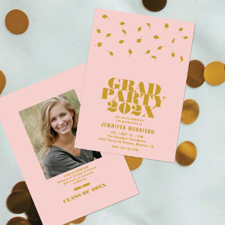 Invitación Graduation Cap Toss Blush & Gold Grad Party