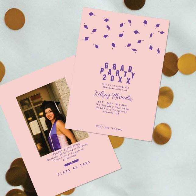 Invitación Graduation Cap Toss Blush Pink & Purple Grad Party (Subido por el creador)