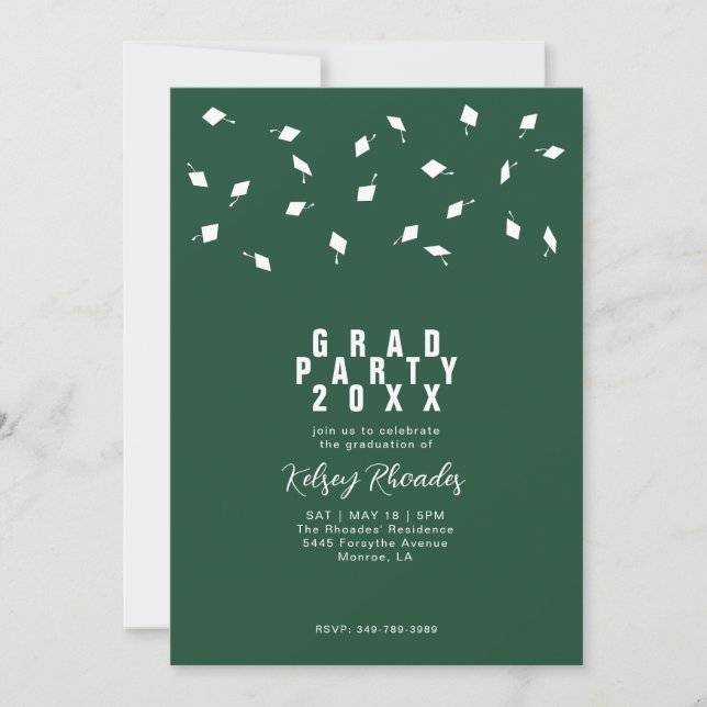 Invitación Graduation Cap Toss Green & White Grad Party (Anverso)