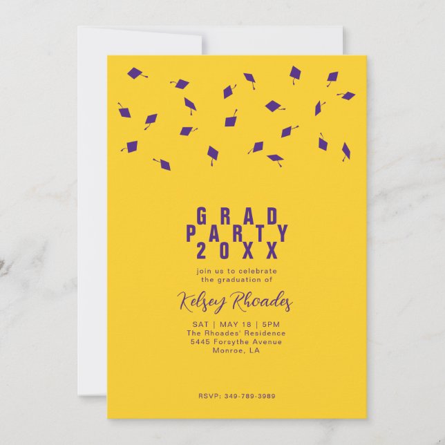 Invitación Graduation Cap Toss Purple & Gold Grad Party (Anverso)