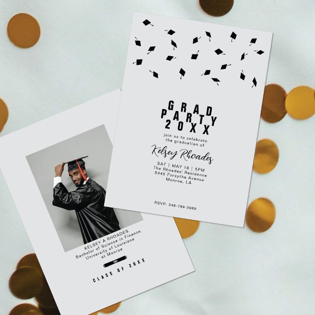 Invitación Graduation Cap Toss Silver & Black Grad Party (Subido por el creador)