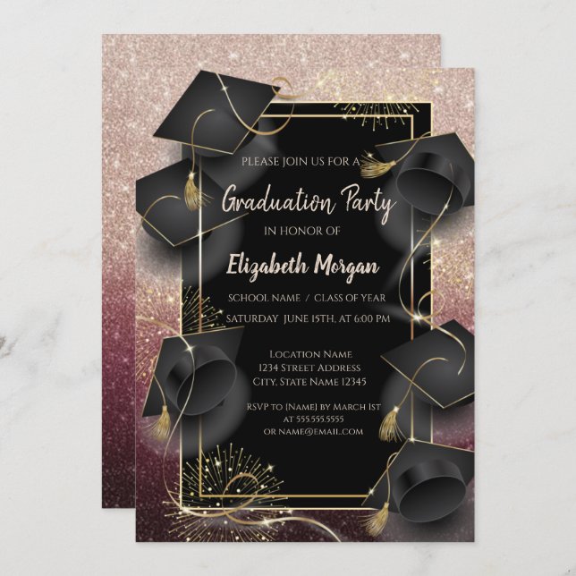 Invitación Graduation Caps Rose Gold Glitter Graduation Party (Anverso / Reverso)